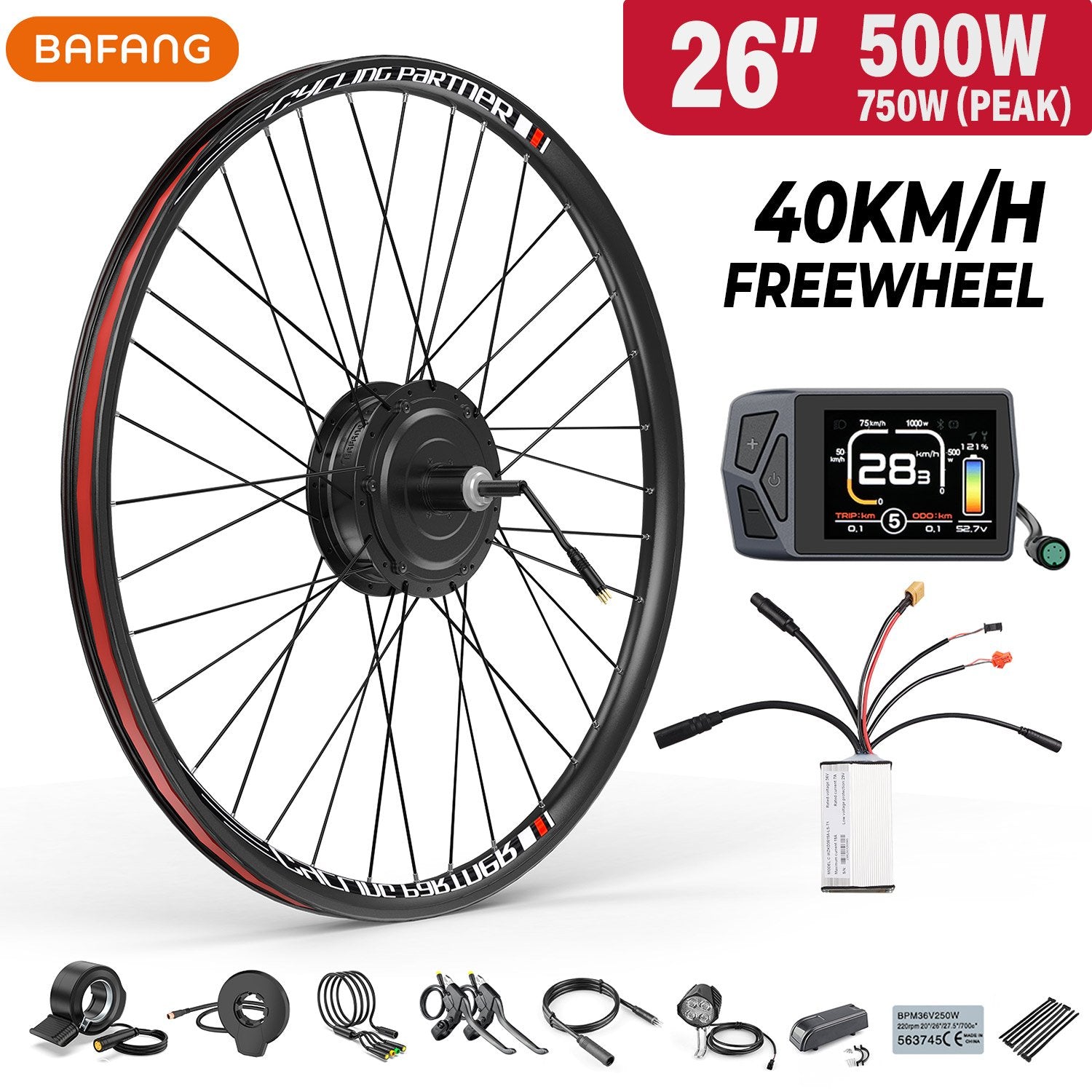 Kit conversión de bicicleta eléctrica con motor trasero 500W 48V – 26 pulgadas (Display: EKD01) [Bafang]
