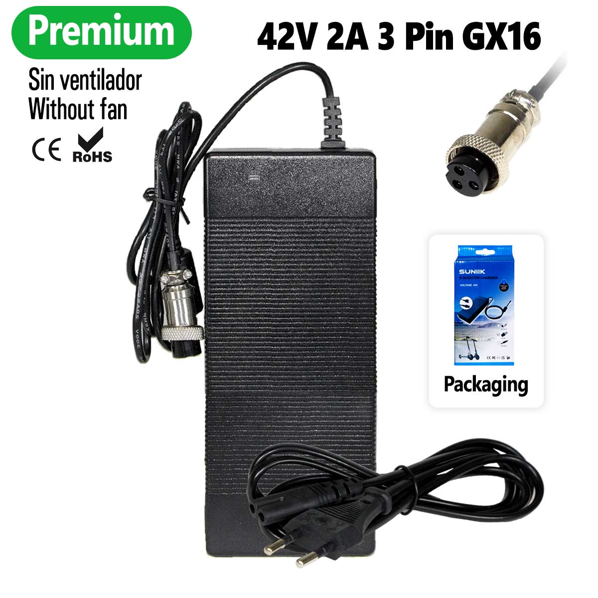 Cargador premium 42V 2A (conector 3 Pines GX16) [Suniik] - EscootersMobility