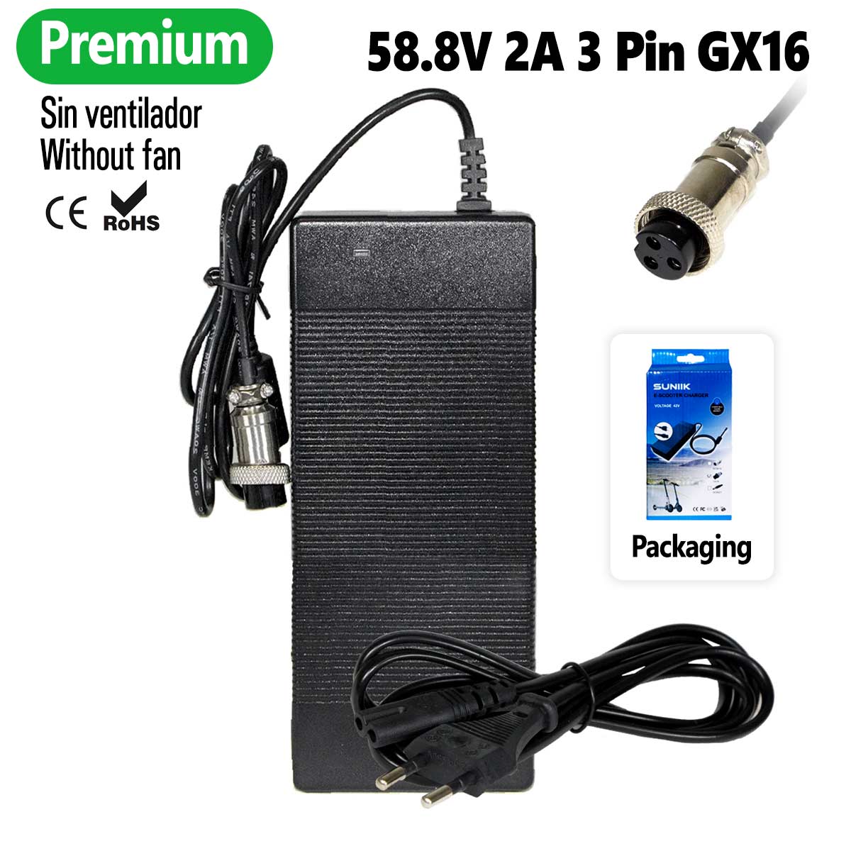 Cargador premium 58,8V 2A (conector 3 Pines GX16) [Suniik] - EscootersMobility