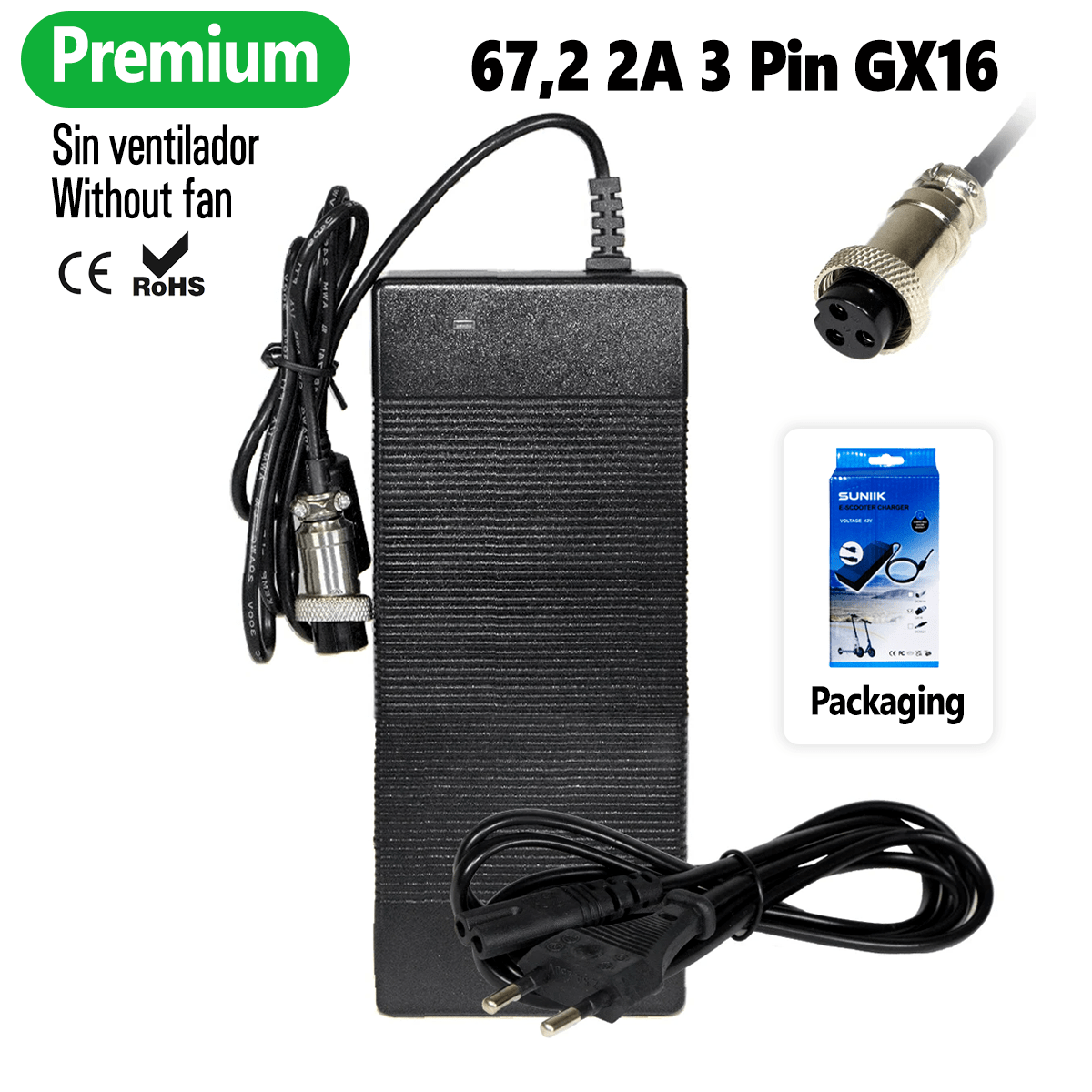 Cargador premium 67.2V 2A (conector 3 Pines GX16) [Suniik] - EscootersMobility