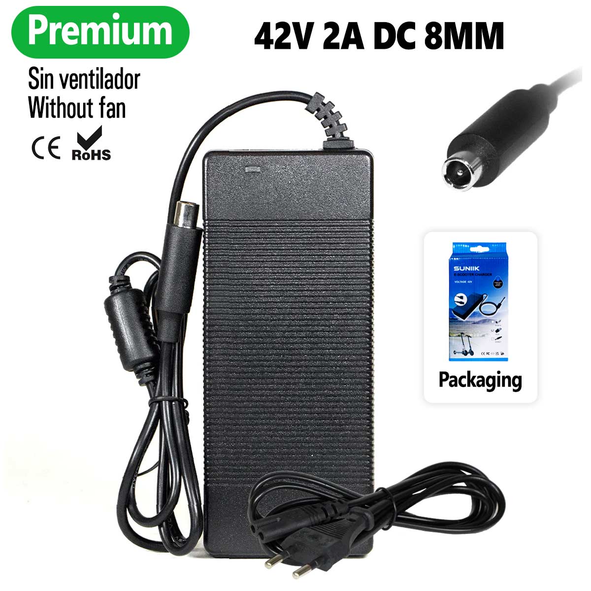 Cargador premium para Xiaomi y Ninebot 42V 2A (conector DC8MM) [Suniik] - EscootersMobility